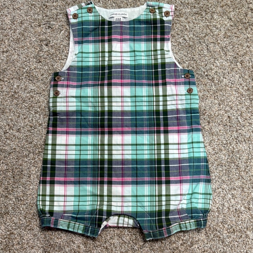 Janie and Jack Romper Kids 12-18 Months Plaid Green Pink Cotton Bubble One-Piece